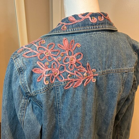 Coldwater Creek Soutache Rose Pink Floral Embroidered Jean Jacket, Size Small - Picture 11 of 14